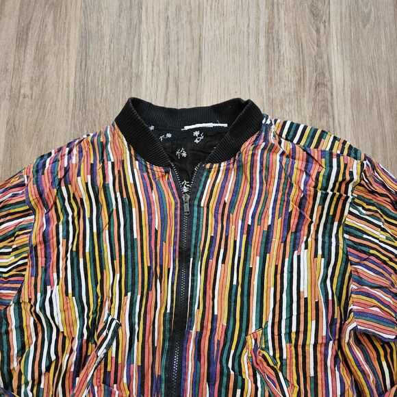 Vtg Multicolor Stripe Bomber Jacket Womens MArtsy Ecletic Floral Lining Full Zip - Picture 3 of 8